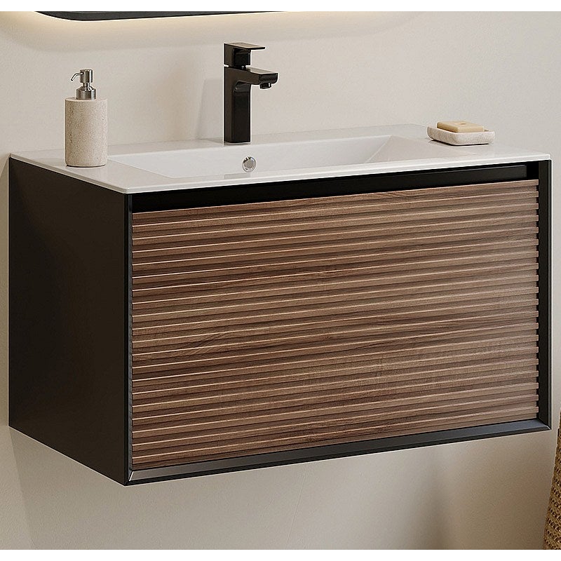 Szafka pod umywalkę wisząca ryflowana - Naturalny ciemny i czarny - 80 cm - BANIVA