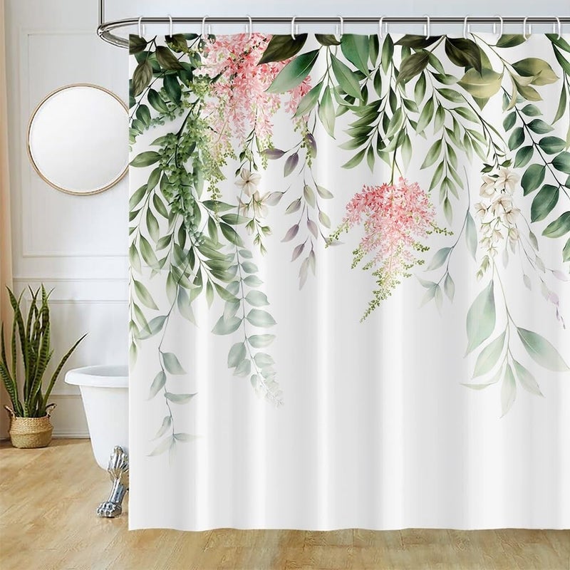 Zasłona prysznicowa z zielonym liściem, eukaliptusem i różowymi kwiatami, wodoodporna i anty-pleśniowa zasłona do wanny, zmywalna zasłona łazienkowa z