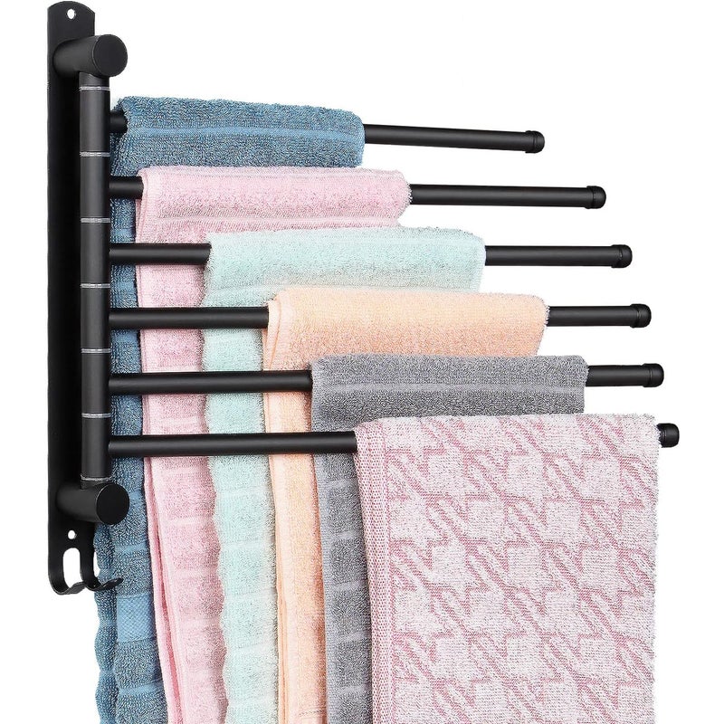 Wieszak na ręczniki obrotowy, 6-ramienny ze stali nierdzewnej, montowany na ścianie z haczykami (czarny)