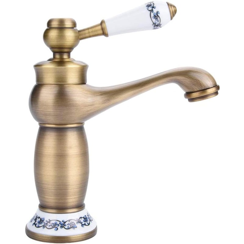 Bateria umywalkowa do łazienki, mosiężna, porcelanowa, niebiesko-biała (krótka)