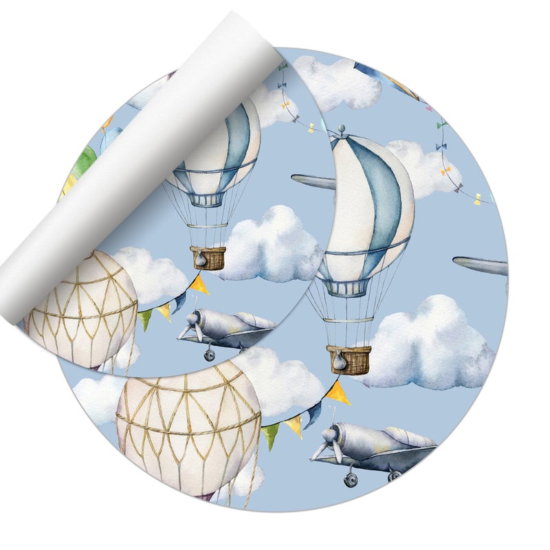 Dywan winylowy dla dzieci Balony i samoloty [średnica] 150 cm - Antypoślizgowy PVC, winyl do pokoju dziecięcego, ognioodporny i zmywalny.