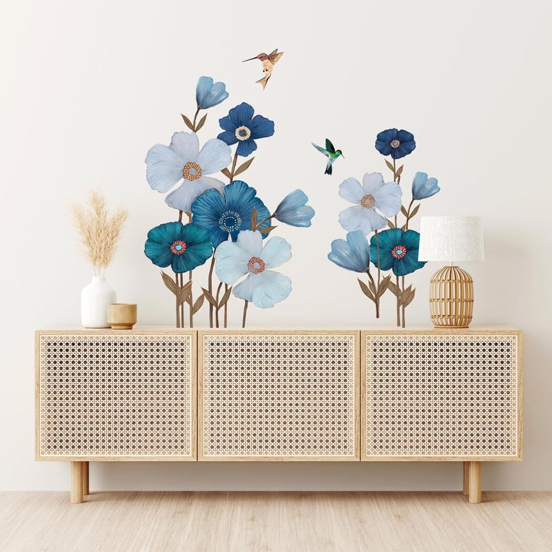 Naklejki ścienne z motywem kwiatów w kolorze niebieskim i białym, naklejki ścienne z motywem roślin kwiatowych i ptaków w locie do salonów, sypialni,