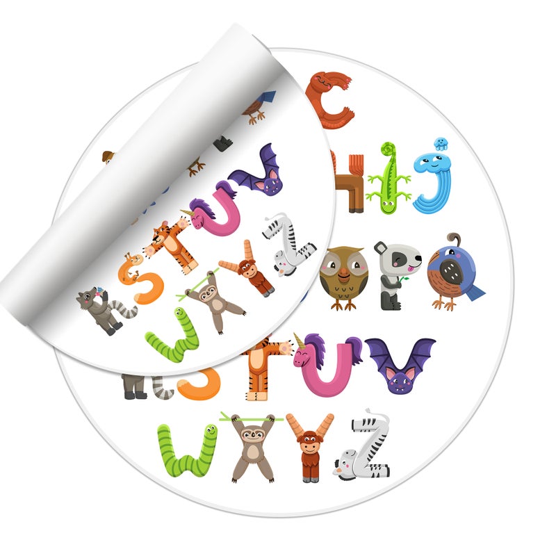 Dywan winylowy dla dzieci ABC zwierzęta [średnica] 150 cm - PVC antypoślizgowa, winylowa do pokoju dziecięcego, trudnopalna i zmywalna.