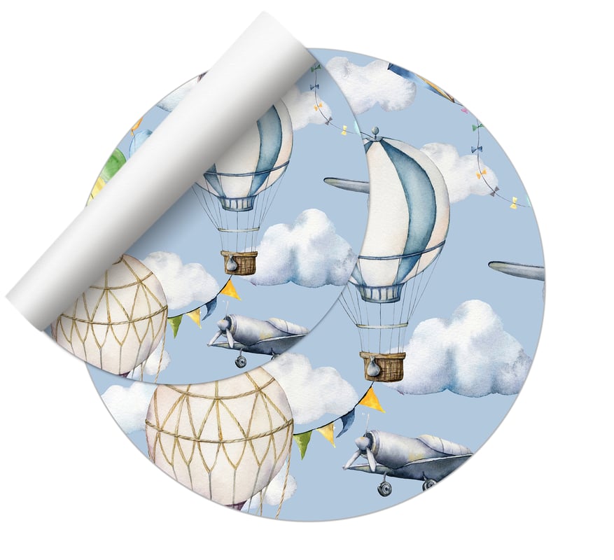 Dywan winylowy dla dzieci Balony i samoloty [średnica] 100 cm - Antypoślizgowy PVC, winyl do pokoju dziecięcego, ognioodporny i zmywalny.