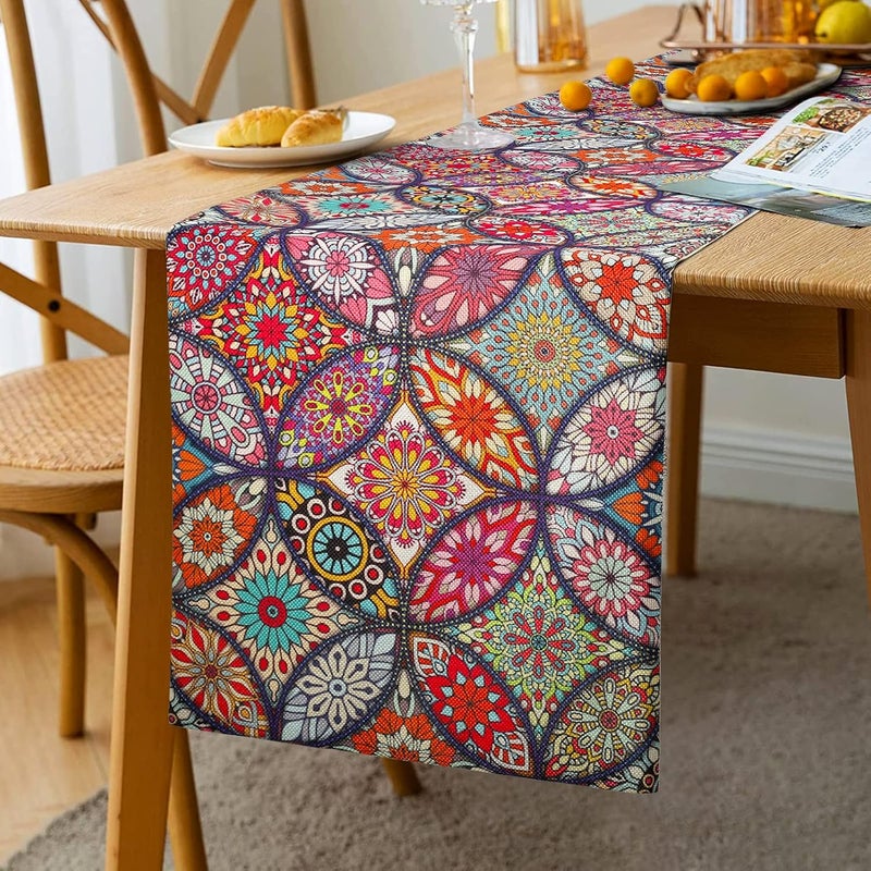 Bieżnik dekoracyjny na stół w stylu vintage folk, geometryczny, okrągły, prostokątny, do jadalni, styl boho, dekoracja w stylu boho z mandalą, 33 x 1