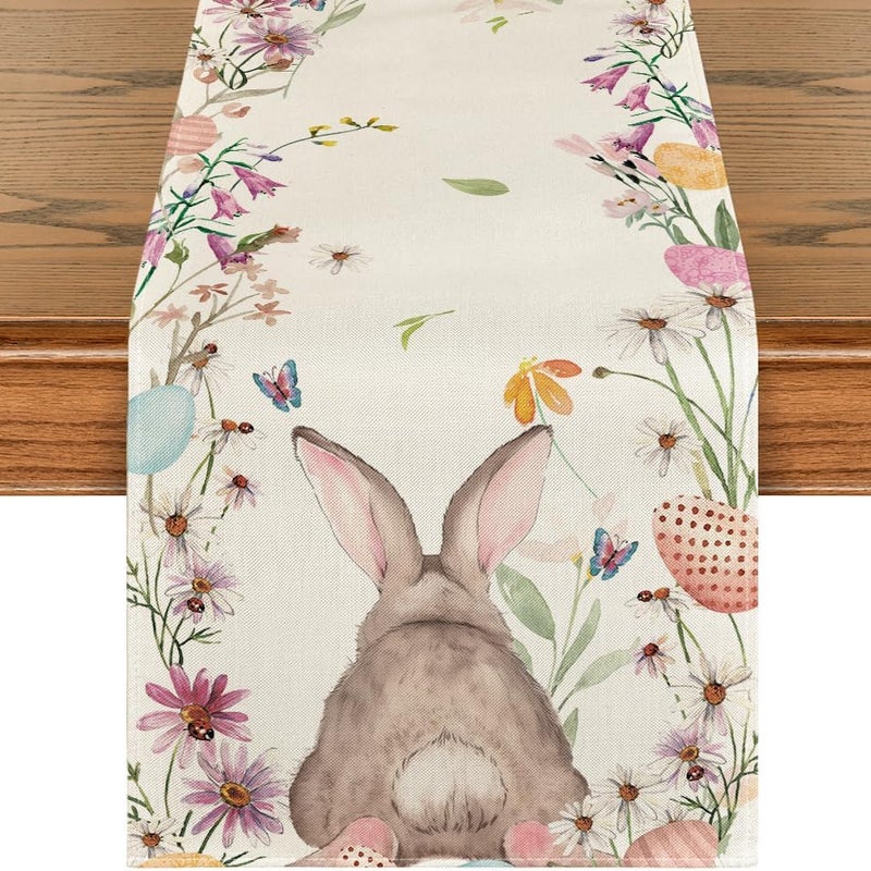 Bieżnik wielkanocny z nadrukiem w kształcie króliczka i kwiatka – nadający się do prania – nowoczesny – wiosenny – do kuchni – do wnętrz i na zewnątr