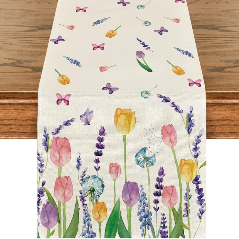 Bieżnik na stół – Tulipan, lawenda, letni nadruk – Sezonowa dekoracja stołu w kuchni, do wnętrz, na święta, na imprezy – 33 x 183 cm
