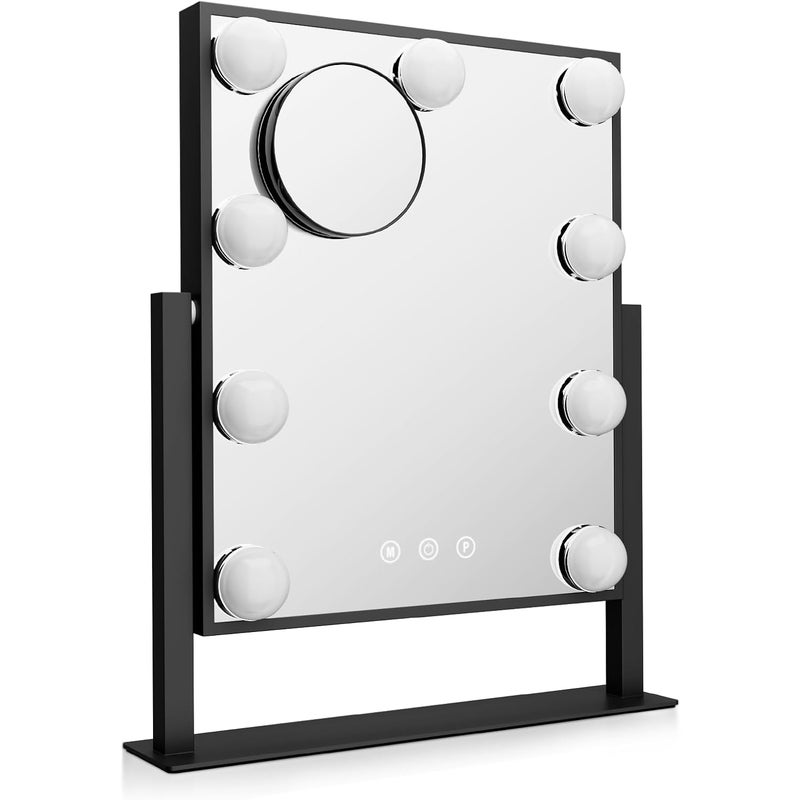 Podświetlane lustro do makijażu, lusterko biurkowe, 3 regulowane kolory, z odłączanym lusterkiem powiększającym 10x (czarne)