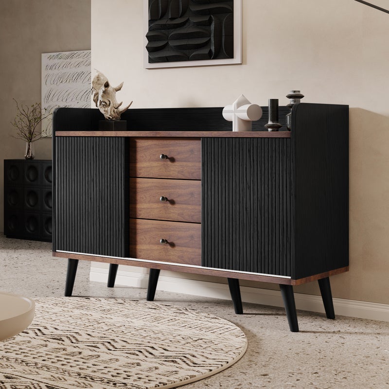 Komoda niska z 2 drzwiami przesuwnymi i 3 szufladami wewnątrz - 117,5 x 39,5 x 79 cm - MDF - Czarny