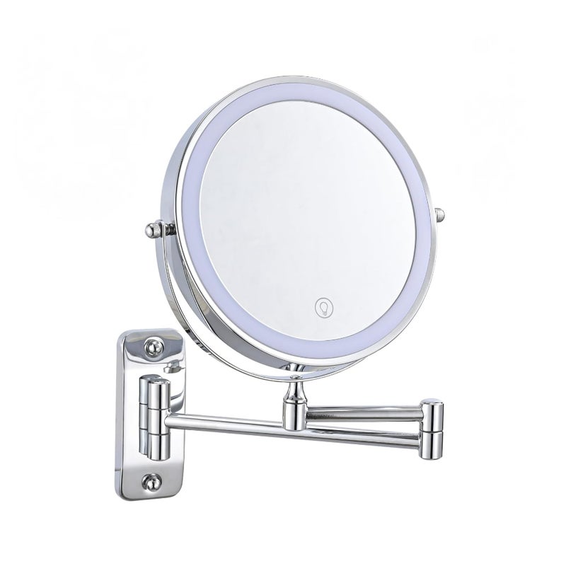 Lustro do makijażu montowane na ścianie o średnicy 8 cali, powiększenie 1x/5x, akumulatorowe, regulowane oświetlenie w 3 kolorach (chrom)