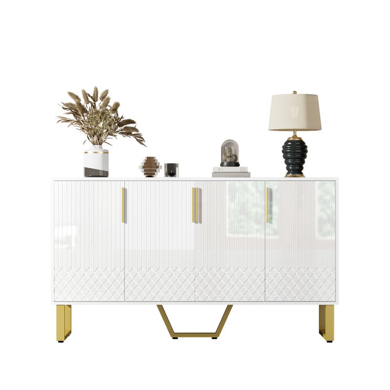 Komoda niska z 4 drzwiami - 140 x 40 x 80 cm - MDF i nogi metalowe w kolorze złotym - Biała