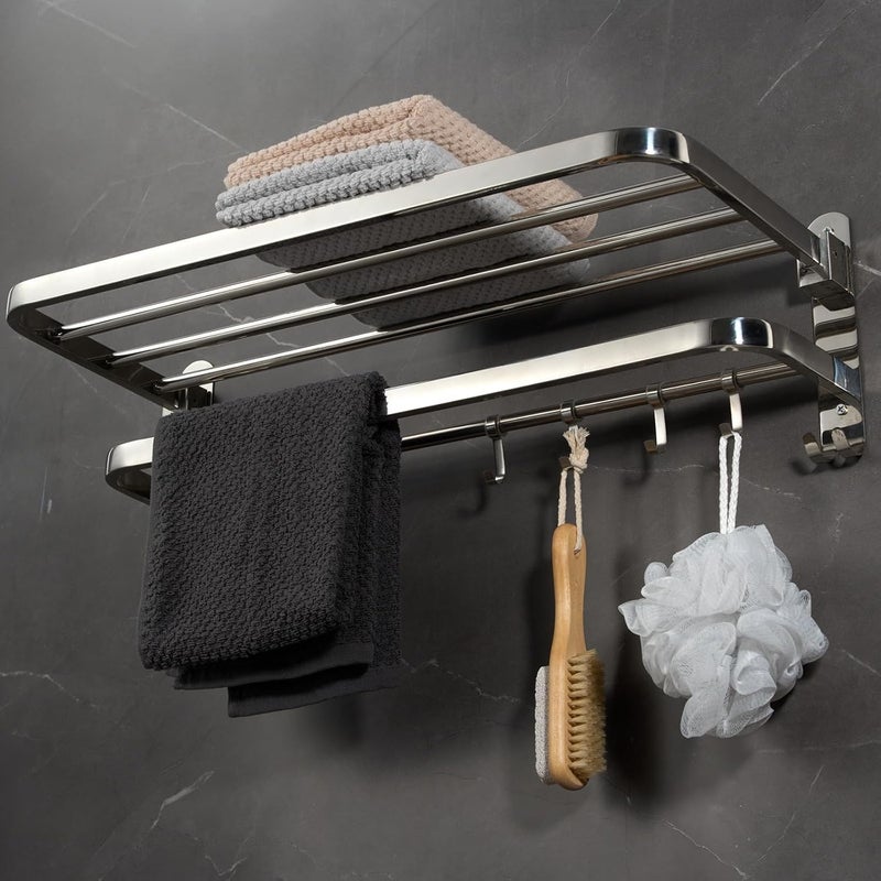 Składany wieszak na ręczniki łazienkowy, montowany na ścianie, z 2 poziomami przechowywania i 4 haczykami, wykonany z trwałej i odpornej na rdzę stal