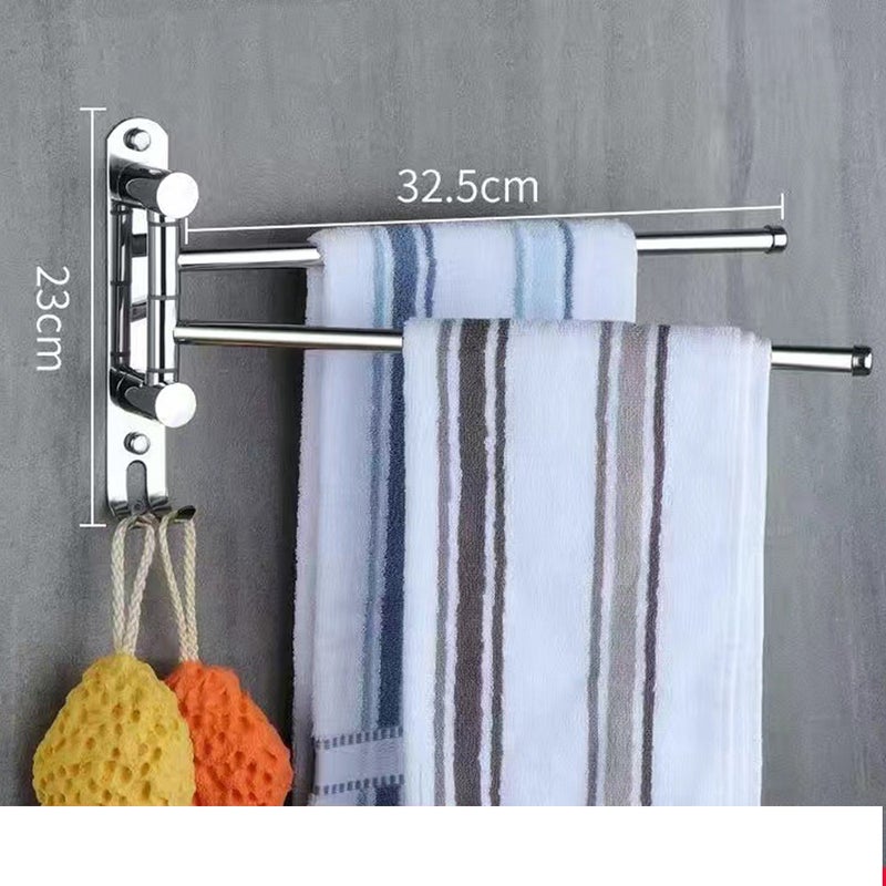 Wieszak na ręczniki łazienkowe (srebrny), ścienny, z 2 drążkami, obrotowy 180°, stal nierdzewna