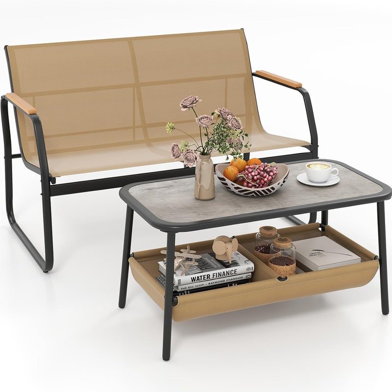 2-osobowa ławka ogrodowa ze stolikiem kawowym, ławka do siedzenia z materiału tekstylnego, stolik kawowy z 2 przegródkami, zestaw mebli balkonowych