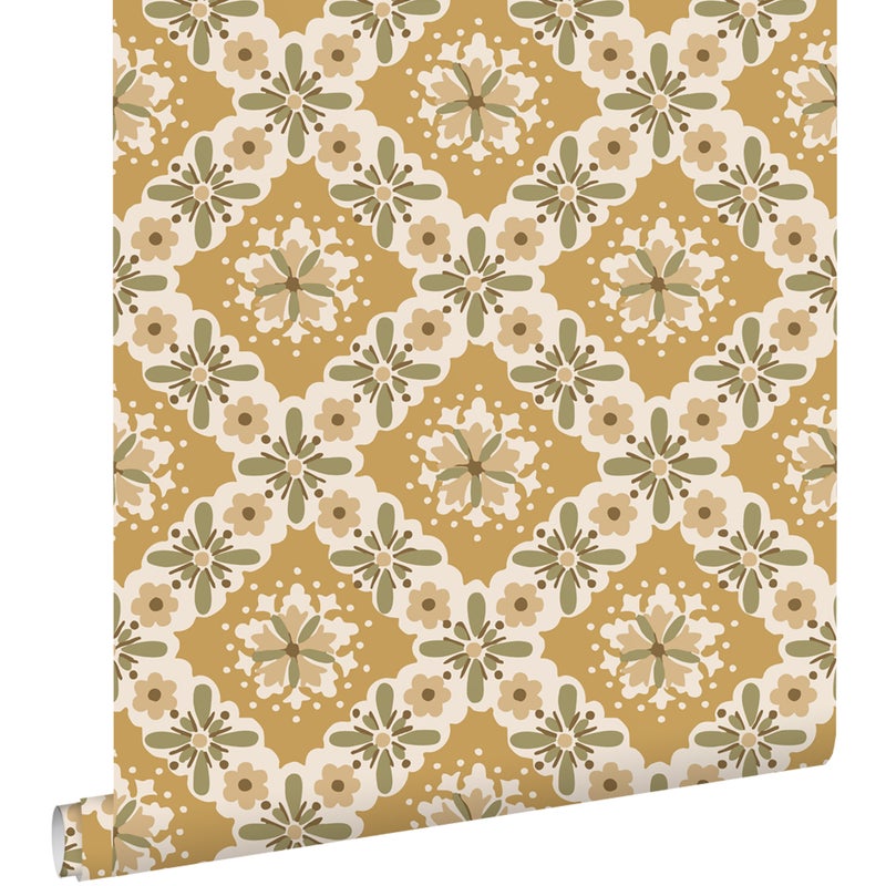 Tapeta zabytkowe kwiaty ochry żółtejIzielonym - 50 x 900 cm - ESTAHOME