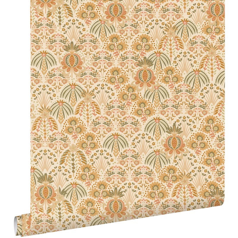 Tapeta vintage kwiaty w stylu secesyjnym pomarańczowymIochry żółtej - 50 x 900 cm - ESTAHOME