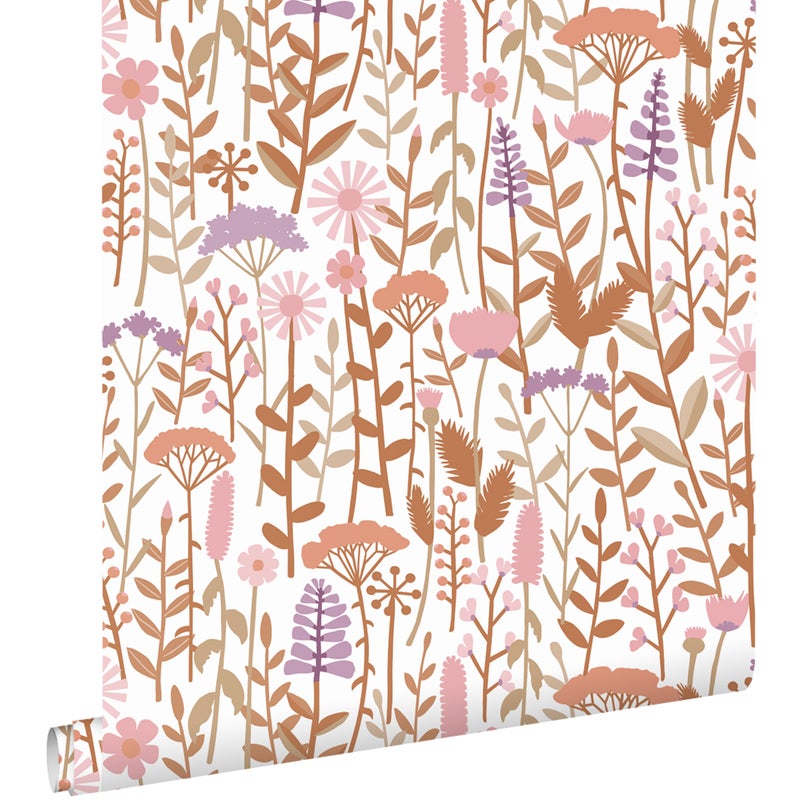 Tapeta kwiaty polne terakota,fioletowymIróżowym - 50 x 900 cm - ESTAHOME