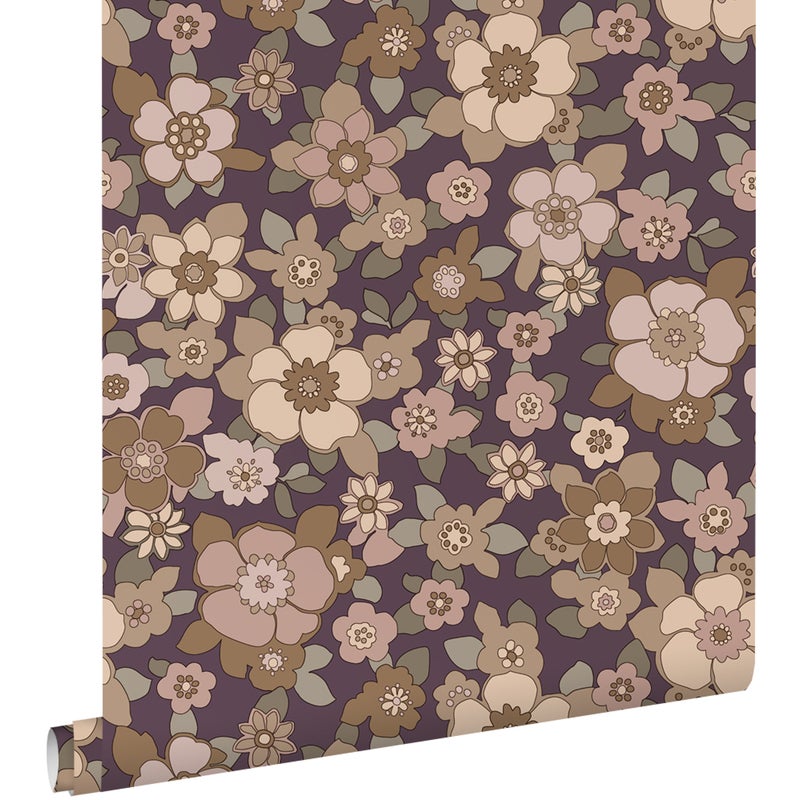 Tapeta retro kwiaty ciemnego fioletuIbeżowym - 50 x 900 cm - ESTAHOME