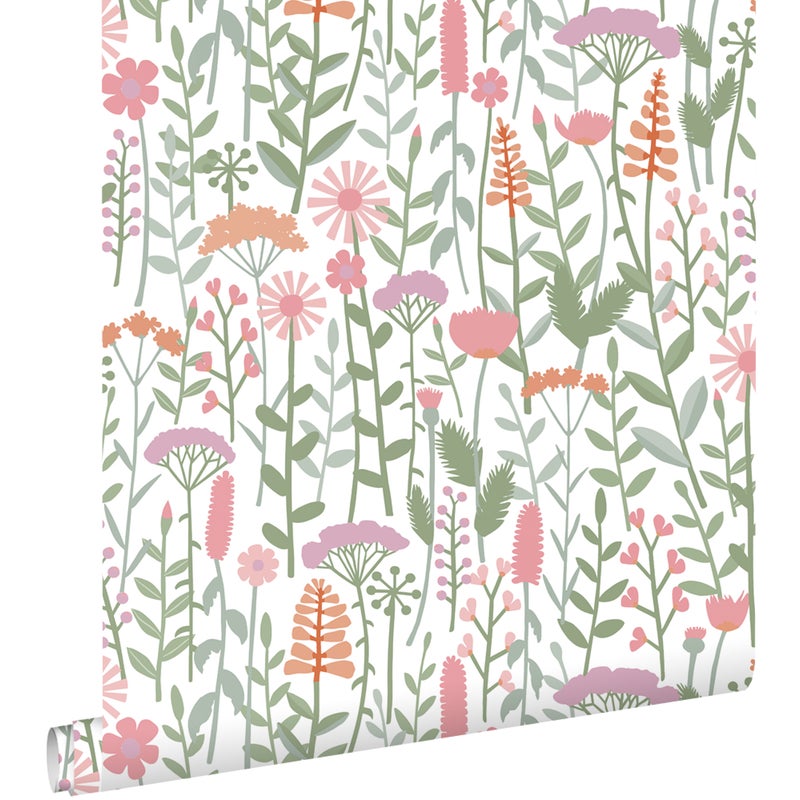 Tapeta kwiaty polne zielonym,białymIróżowym - 50 x 900 cm - ESTAHOME