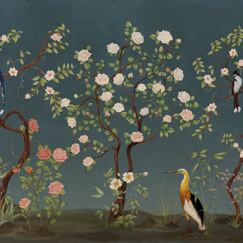 Fototapeta kwiaty i ptaki ciemnoniebieskim - 424 x 280 cm - SANDERS & SANDERS