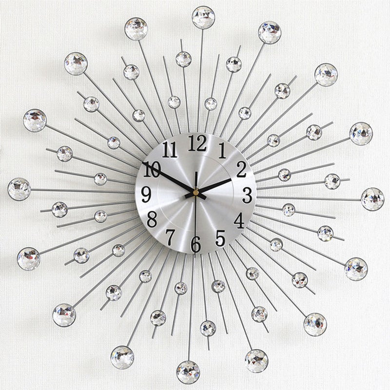 Olbrzymi srebrny zegar ścienny ze strasami, cichy, metalowy, nowoczesny wystrój nordycki, kreatywny design do salonu, sypialni, baru, 50 cm.