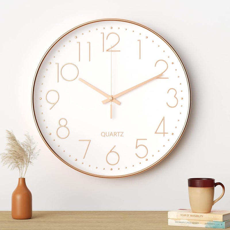 Nowoczesny cichy zegar ścienny 30 cm (12 cali) (biało-złoty napis)