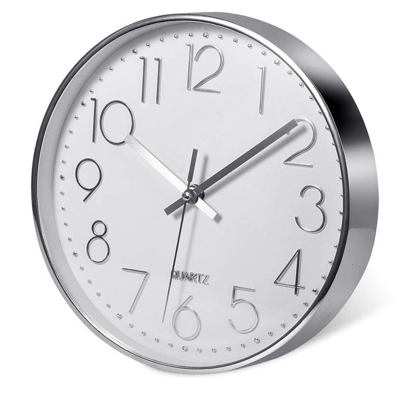 Najwyższej jakości srebrny zegar ścienny (20 cm/12'', srebrny), dekoracja ścienna, nowoczesny i cichy, idealny do kuchni, domu i biura.