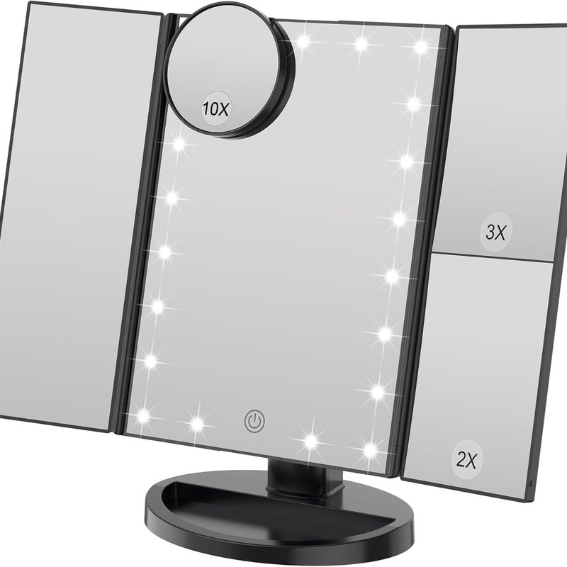 Lustro do makijażu z regulowaną jasnością, 22 diodami LED i powiększeniem 1X/2X/3X, podwójne zasilanie (czarne)