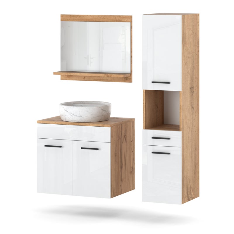 Zestaw mebli łazienkowych wiszący z lustrem 90cm słupek wotan biały połysk