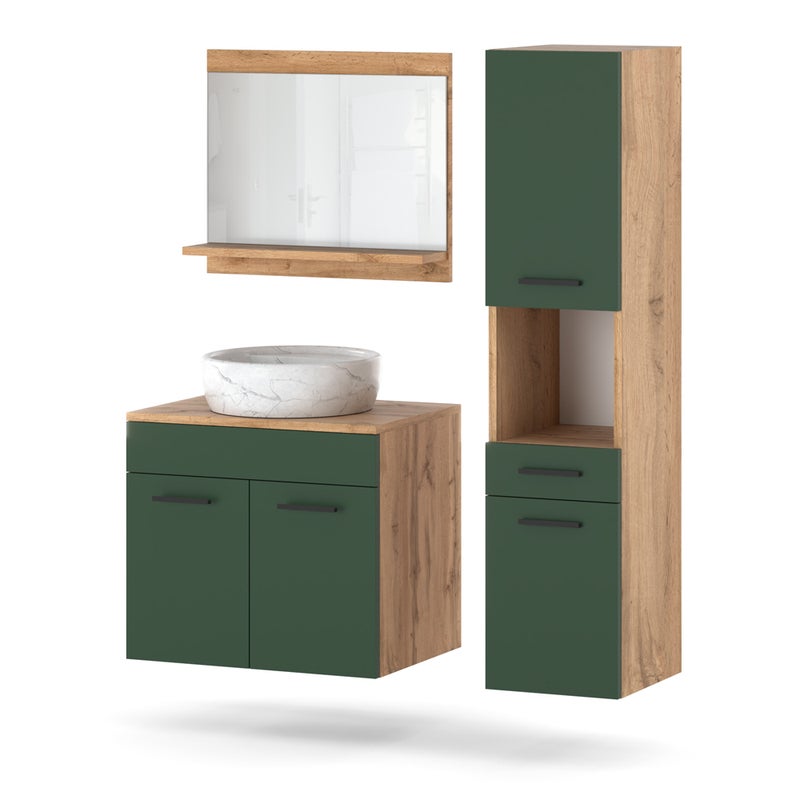 Zestaw mebli łazienkowych wiszący 90cm szafka lustro dąb wotan zieleń