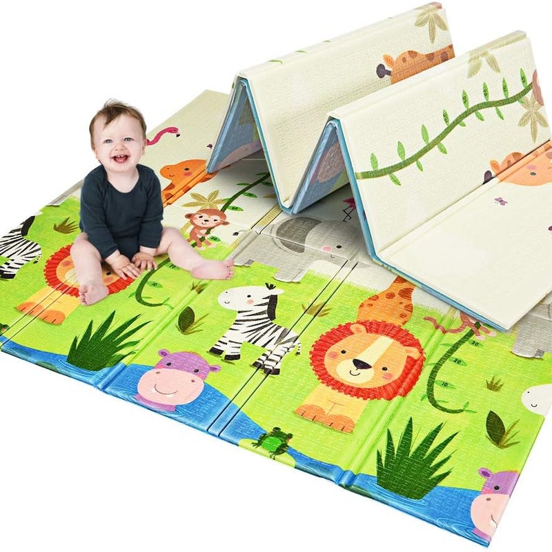 Składana Mata do Zabawy dla Niemowląt z Antypoślizgowego i Wodoodpornego Materiału XPE, Mata z Dwustronnym Nadrukiem, 200 × 180 × 1,4 cm (Zoo)