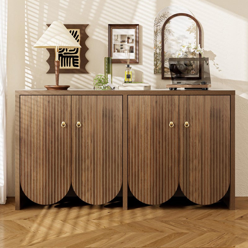 Elegancka orzechowa komoda – 147×40×80 cm z 4 drzwiami, regulowanymi półkami i aluminiowymi uchwytami