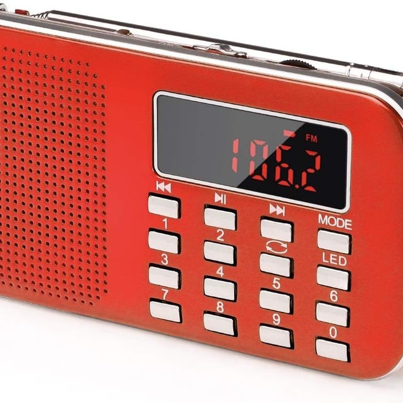 Czerwone przenośne radio AM/FM – radio z akumulatorem 1200 mAh, tranzystorowe ze światłem awaryjnym i wejściem MP3/USB/SD do rekreacji na świeżym powi