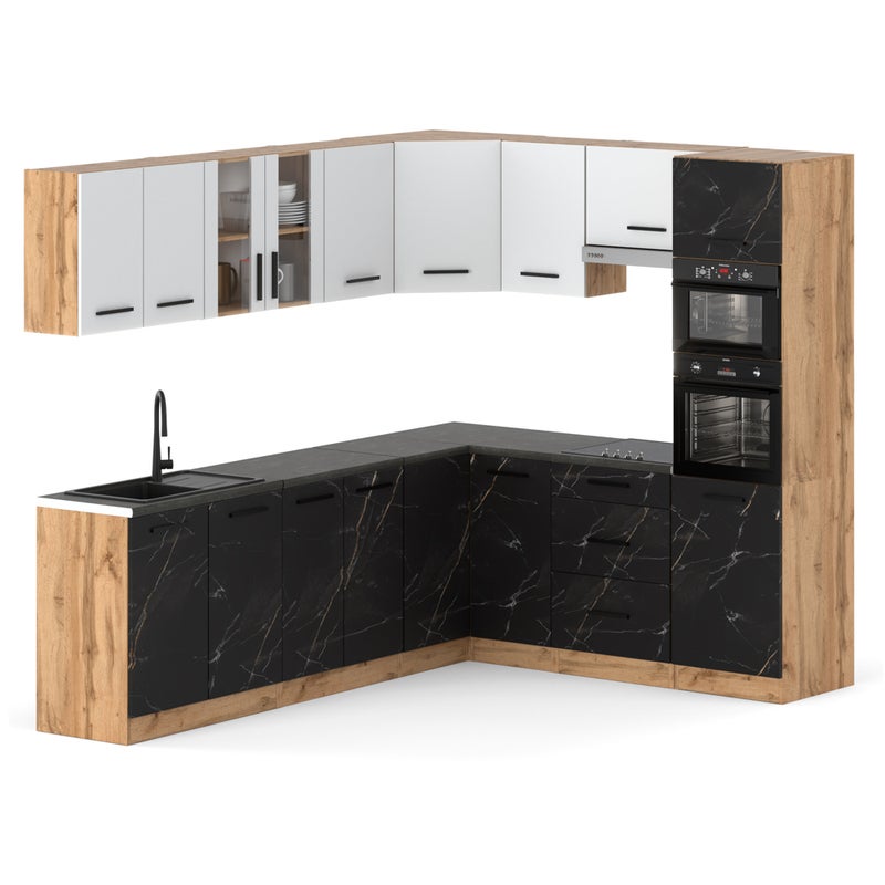 Kuchnia narożna duża 4.6m modułowa z blatem wotan biała mat san sebastian