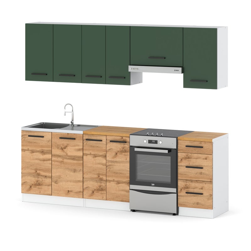 Kuchnia modułowa mała z blatem mokka 2.4m biały butelkowa zieleń dąb wotan