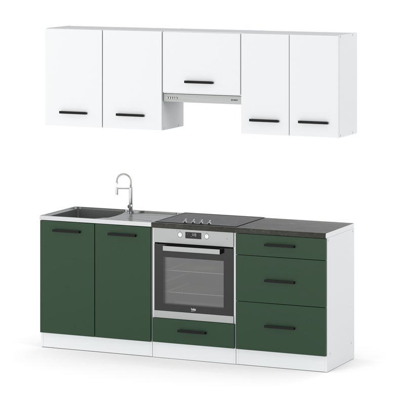 Zestaw kuchenny modułowy z blatem mały 2.0m biały biały butelkowa zieleń