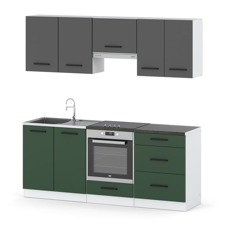 Kuchnia modułowa pojemna z blatem 2.0m biała szara mat butelkowa zieleń