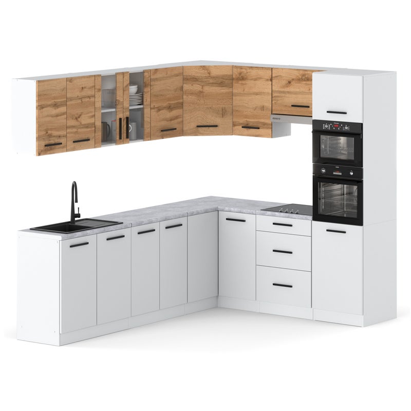 Kuchnia marra narożna nowoczesna blat 4.6m modułowa biała dąb wotan biała