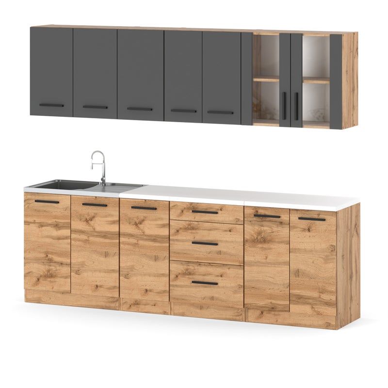 Kuchnia modułowa z blatem duża 2.6m remino wotan szary mat butelkowa zieleń