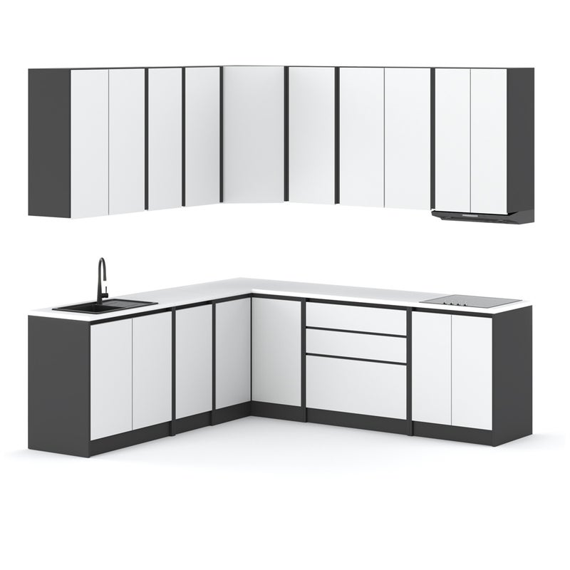 Meble kuchenne narożne modułowe zestaw bella nowoczesny szara biała mat