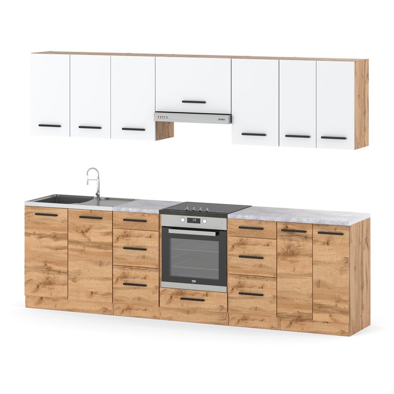 Zestaw kuchenny z blatem roma 2.8m duży modułowy wotan biały mat dąb wotan