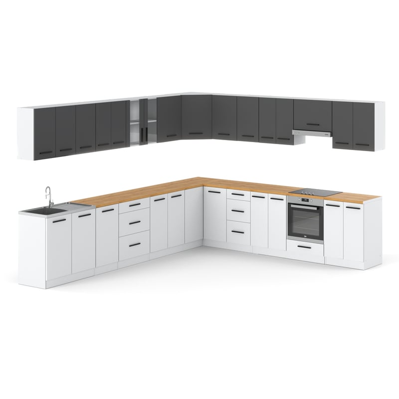 Meble kuchenne nowoczesne narożne zestaw rossa 6.8m kuchnia szara biała