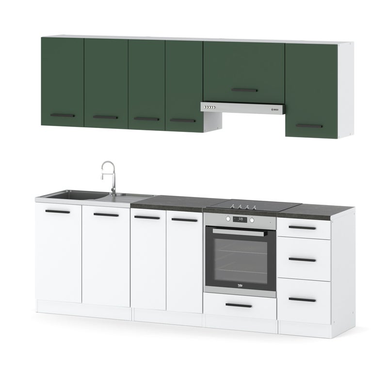 Kuchnia pojemna 2.4m modułowa z blatem mała biała butelkowa zieleń biała