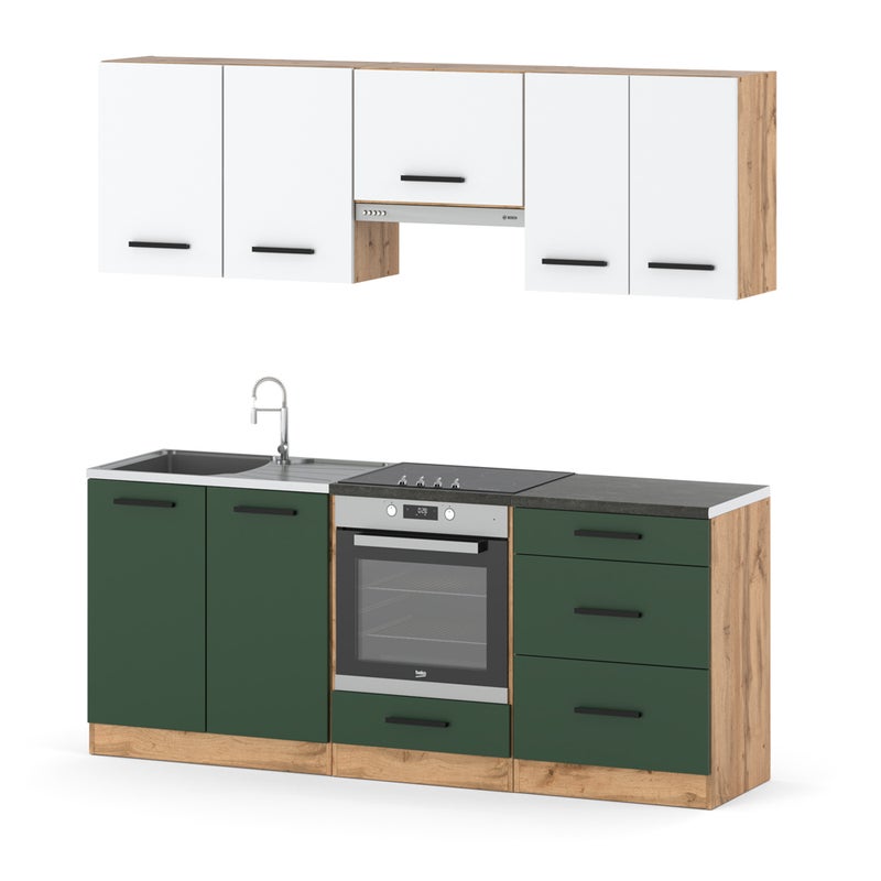 Meble kuchenne modułowe nowoczesne blat 2.0m wotan biały butelkowa zieleń