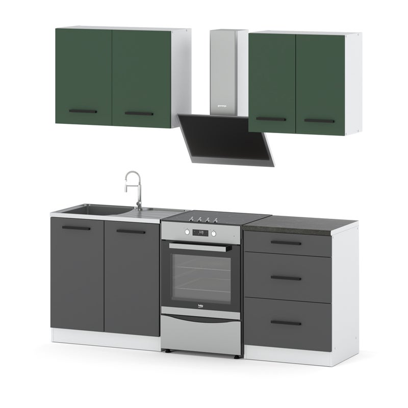 Meble kuchenne modułowe z blatem małe 2m biały butelkowa zieleń szary mat