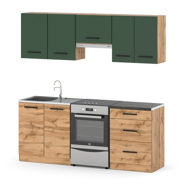 Kuchnia modułowa 2m pojemna nowoczesna wotan butelkowa zieleń dąb wotan