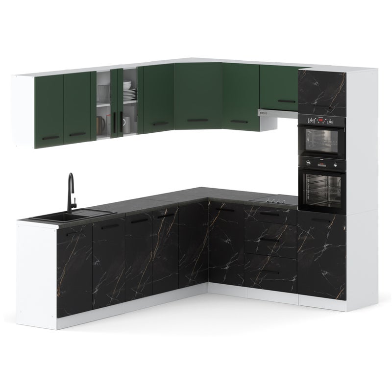 Kuchnia narożna z blatem duża 4.6m biała butelkowa zieleń san sebastian