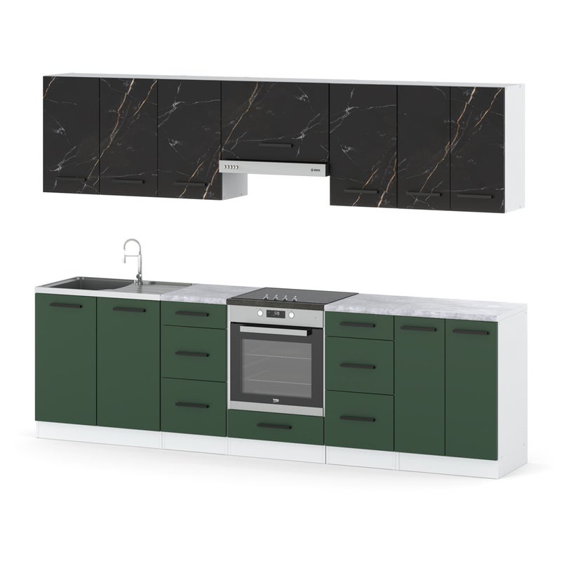 Kuchnia modułowa nowoczesna blat 2.8m biała san sebastian butelkowa zieleń
