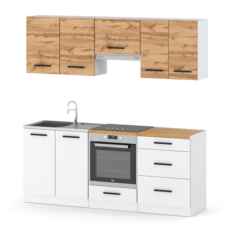 Kuchnia modułowa 2.0m nowoczesna z blatem pojemna biała dąb wotan biała mat