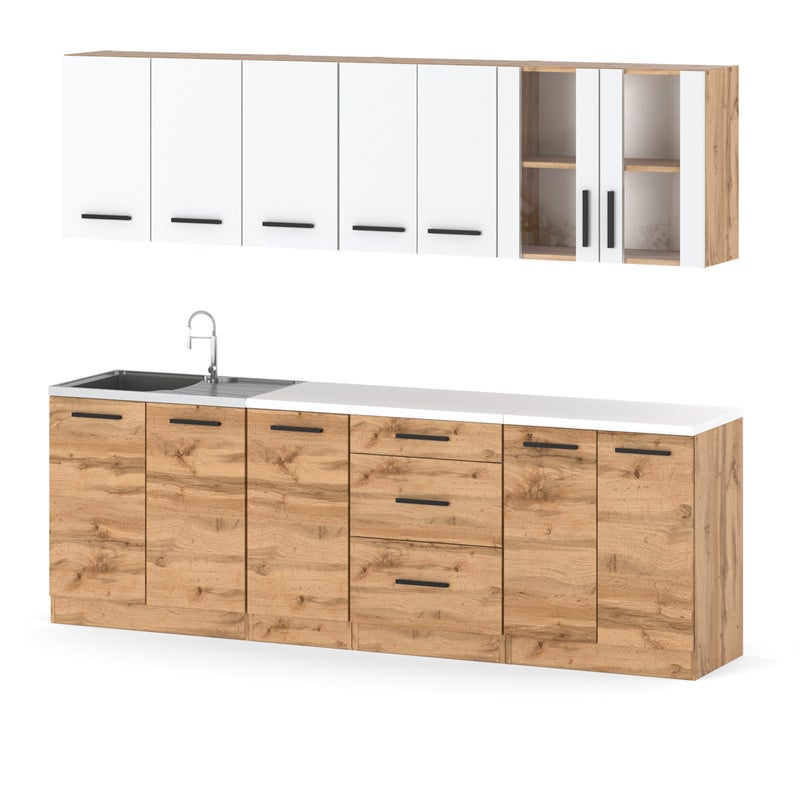 Kuchnia nowoczesna z blatem pojemna modułowa remino 2.6m wotan biały wotan